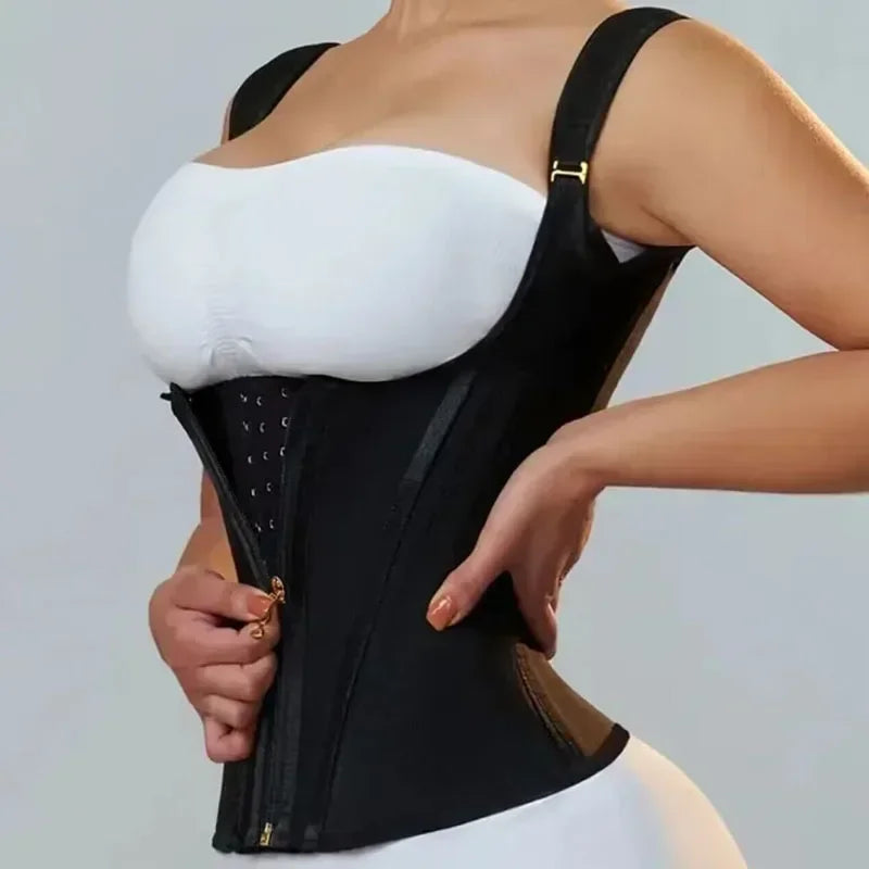 Colombian Fajas Double-Compression Body Shaper Vest Corset With Zipper And Hook-Eyes — Black | KIMLUD