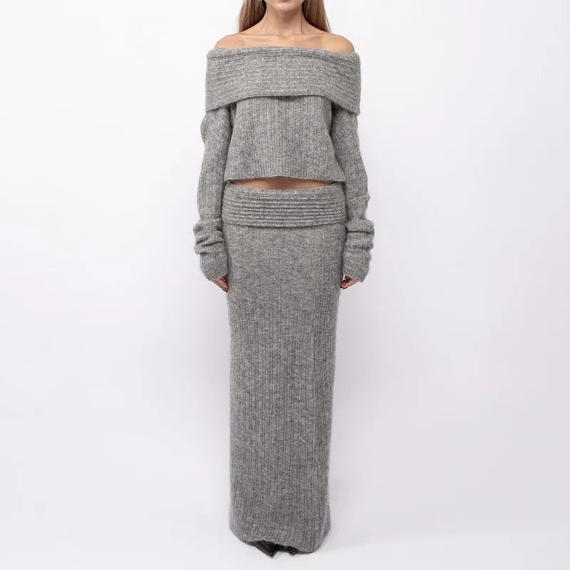 KIMLUD, Knitting Off The Shoulder Long Sleeve Women'S Tops Skirt Women'S Sets Sweatshits Sweater Streetwear Wholesale Clothes, KIMLUD Womens Clothes