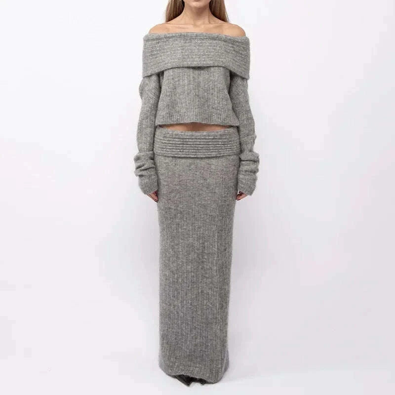 KIMLUD, Knitting Off The Shoulder Long Sleeve Women'S Tops Skirt Women'S Sets Sweatshits Sweater Streetwear Wholesale Clothes, KIMLUD Womens Clothes