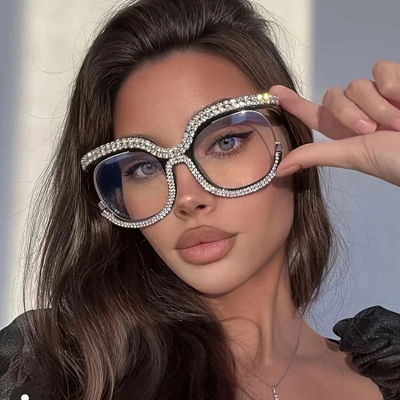 Crystal Rhinestone Oversized Glasses — White Crystal Accents | KIMLUD