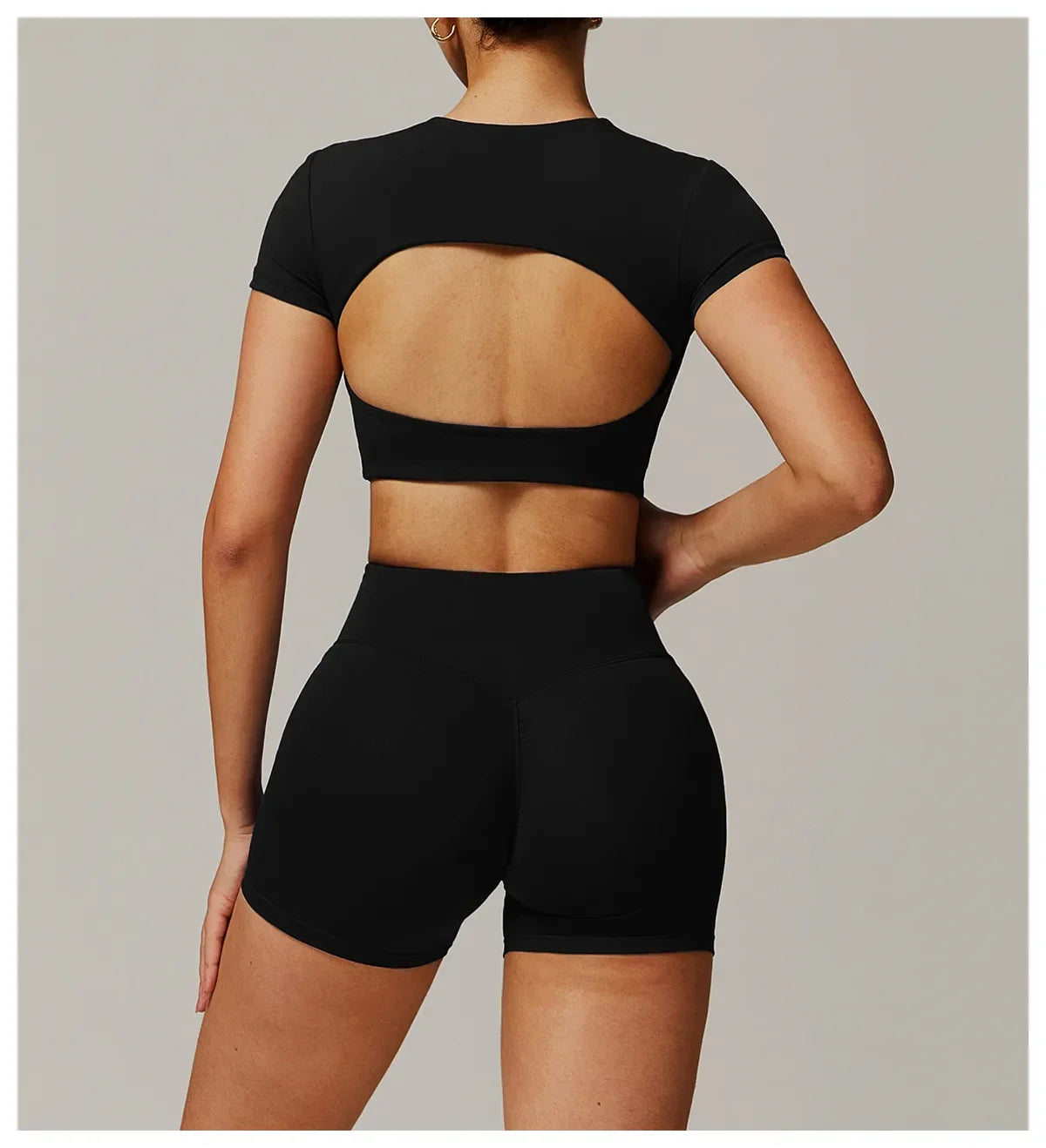 Backless Padded Yoga Crop Top Short Sleeve — Warm Sand-Beige | KIMLUD