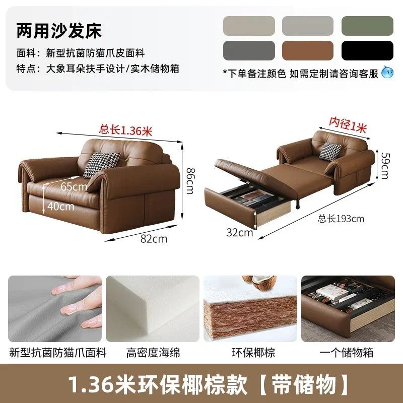 Faux Leather Sofa Bed Italian Modern Silhouette With Convertible Chaise Lounge — Brown | KIMLUD