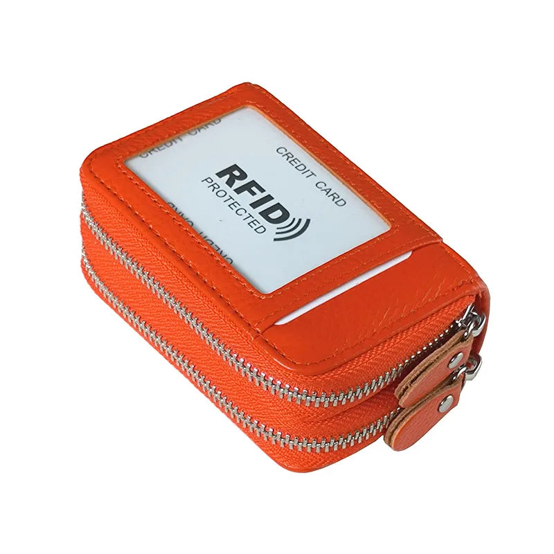Genuine Leather Wallets RFID Blocking Double Zipper — Black | KIMLUD