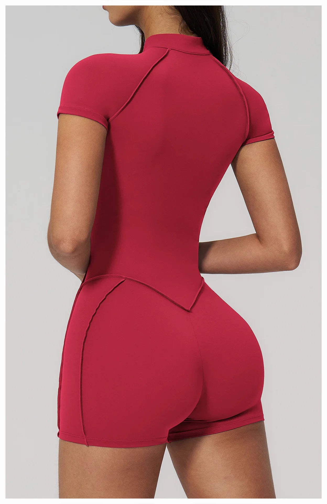 Performance Stretch Jersey Zippered Yoga Bodysuit Short Sleeves For Studio To Street — Red | KIMLUD
