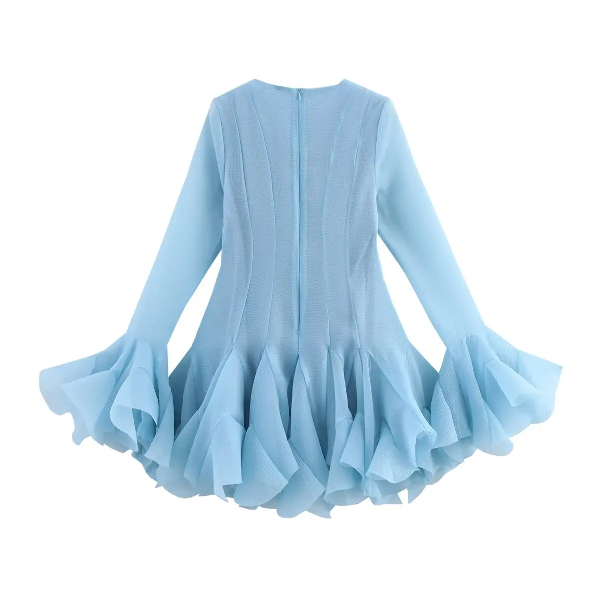 2026 Summer Women's Elegant Multi-Layered Ruffled Hem Mini Dresses Lady Sweet French Style Long Flare Sleeve Slim Fit Puffy Robe