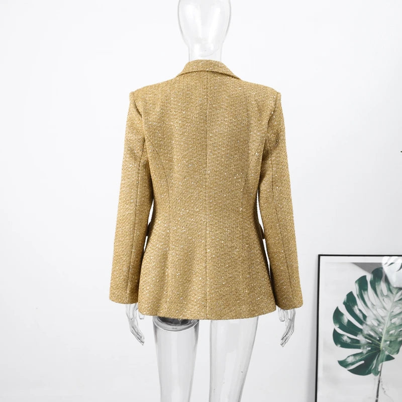 Elegant Paillettes Blazer Coat Women Lapel Doube-breasted Fake Pocket Slim Jackets Lady 2025 Autumn Winter Streewear Female New