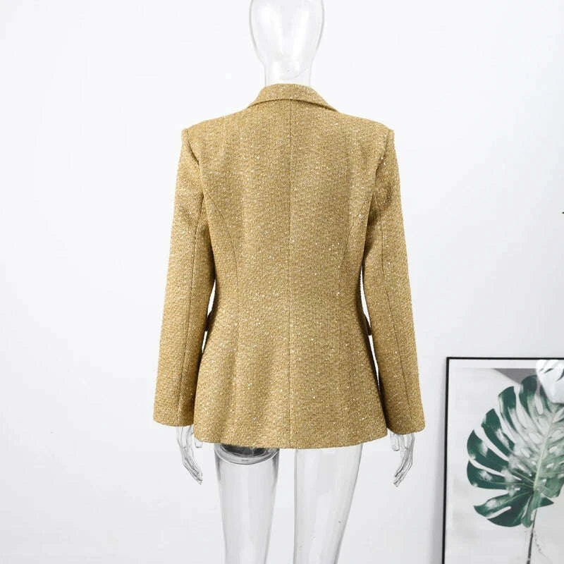KIMLUD, Elegant Paillettes Blazer Coat Women Lapel Doube-breasted Fake Pocket Slim Jackets Lady 2025 Autumn Winter Streewear Female New, KIMLUD Womens Clothes
