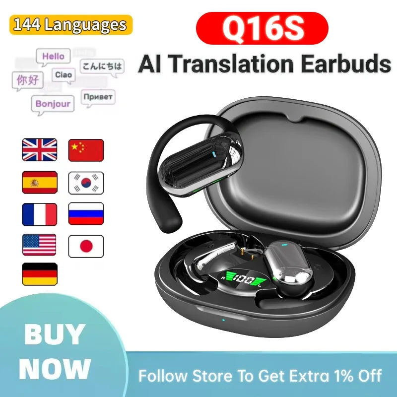 AI Translator Earbuds Real-Time Voice Translator 144 Languages Instant Translation Noise Canceling Wireless Bluetooth Headphones