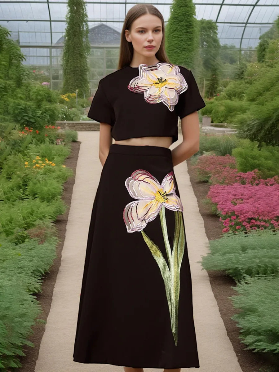 Women's Temperament Elegant Three Dimensional Flower Skirt Two Piece Set Slit Backless Cropped Top High Waist A-line Skirts Sets