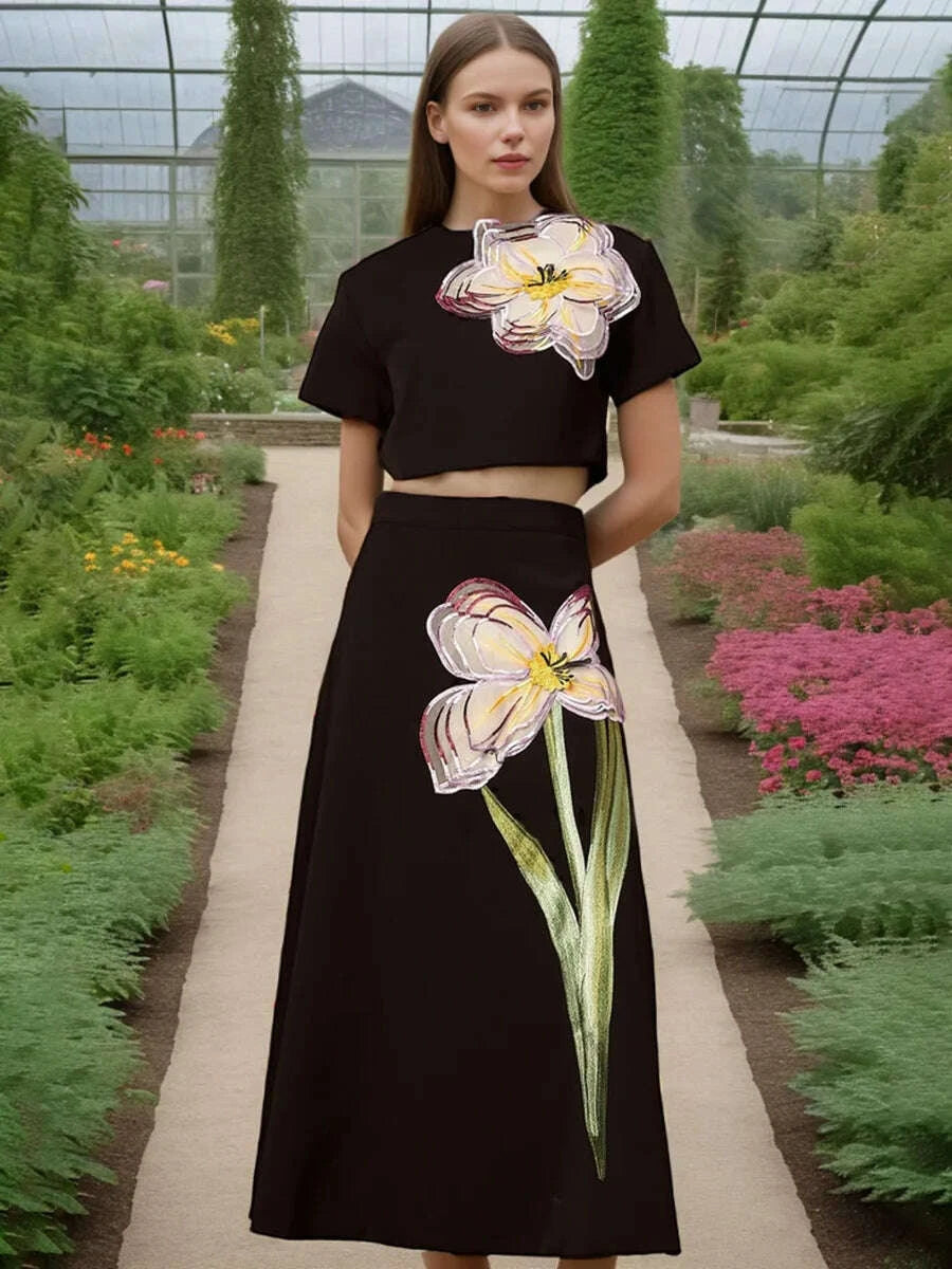 KIMLUD, Women's Temperament Elegant Three Dimensional Flower Skirt Two Piece Set Slit Backless Cropped Top High Waist A-line Skirts Sets, KIMLUD Womens Clothes