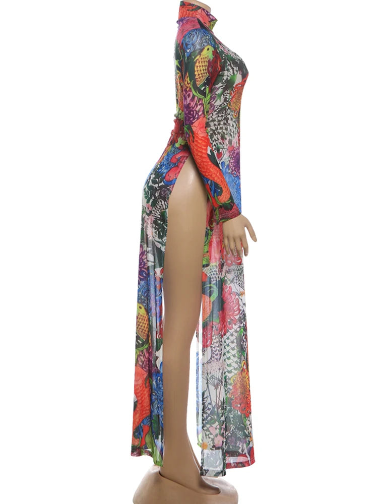 Kliou Colorful Flower Print Extended T-Shirts Woman o-Neck Full Sleeve High Waist Splits Hem Spring Trend Elegant Streetwear