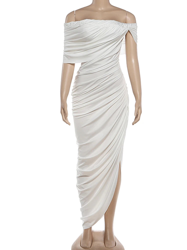 White off-shoulder draped dress on a mannequin against a white background