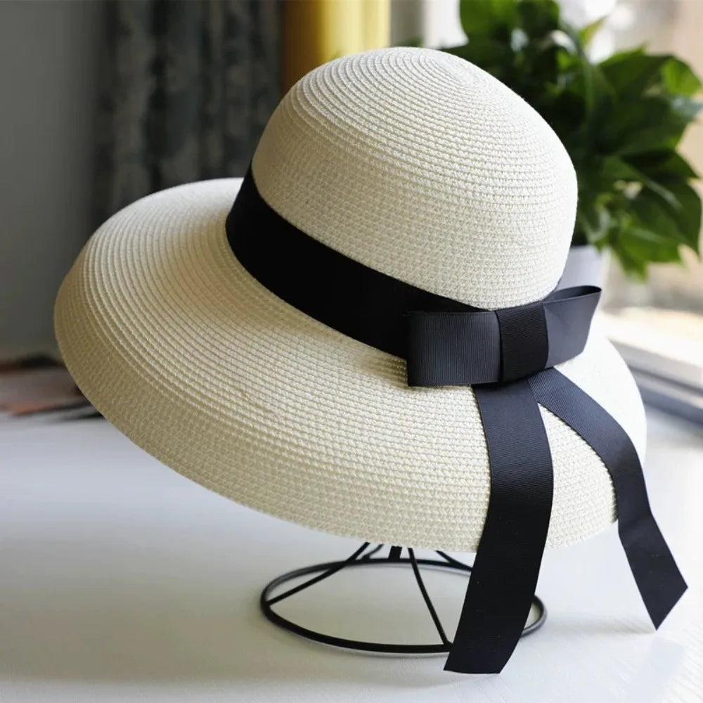 Vintage Breathable Straw Wide Brim Hat — Black | KIMLUD
