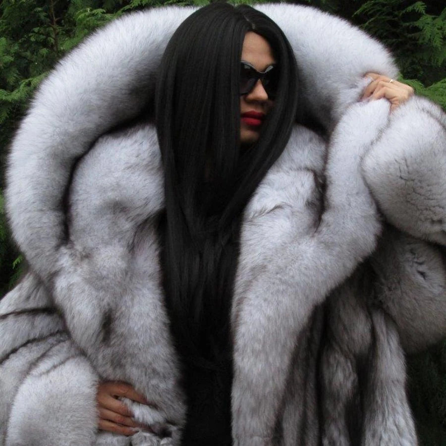Faux Fox Fur Coat Long Hooded Thermal Full Pelt — Black | KIMLUD