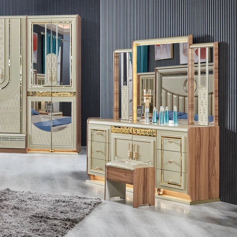 Gold Wood Double Leather King Size Bed Meuble De Chambre a Coucher Complet Wooden Modern Home Full Bedroom Furniture Set