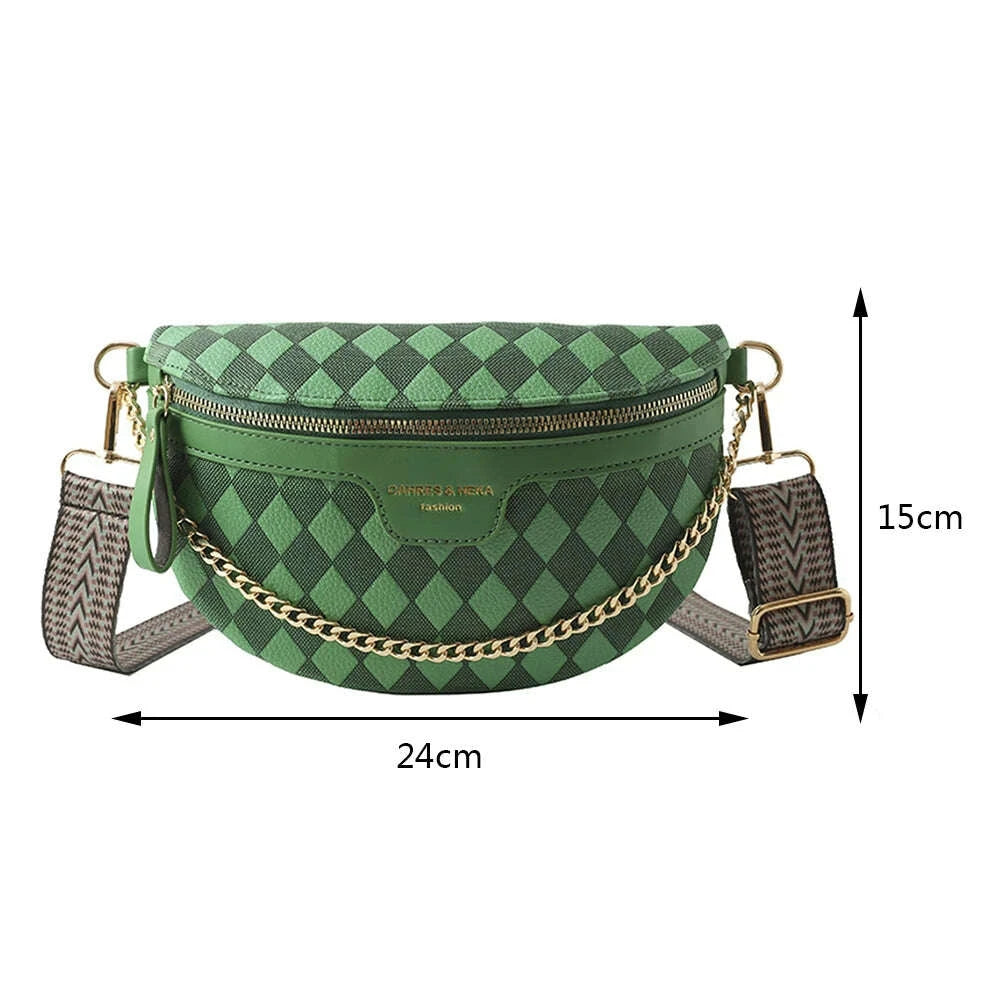 KIMLUD, Rhombic Lattice Female Sling Waist Pack Fashion Chain Sports Satchel Casual PU Leather Portable Wide Strap for Weekend Vacation, KIMLUD Womens Clothes