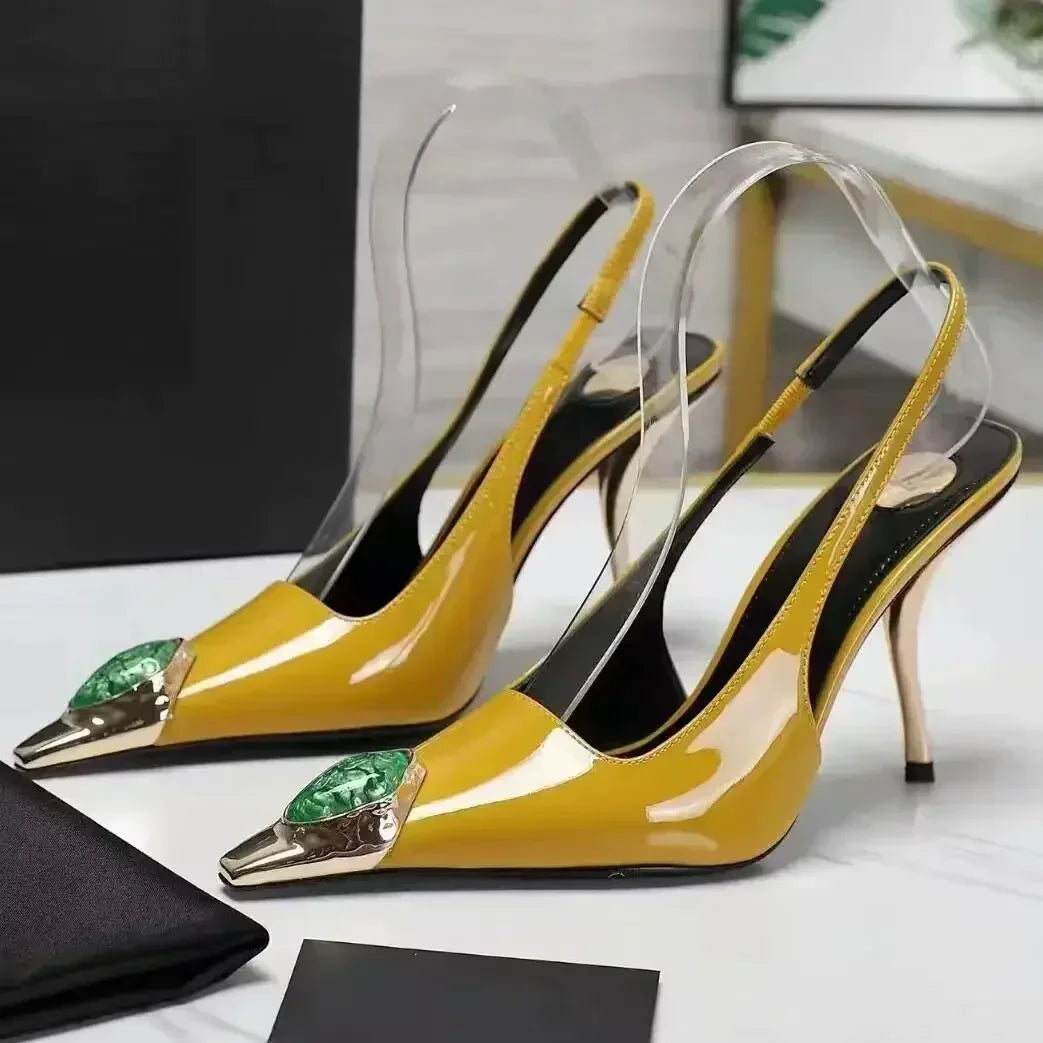 Metal Jewel Decoration Heels Pointed Toe Patent Leather — Black | KIMLUD