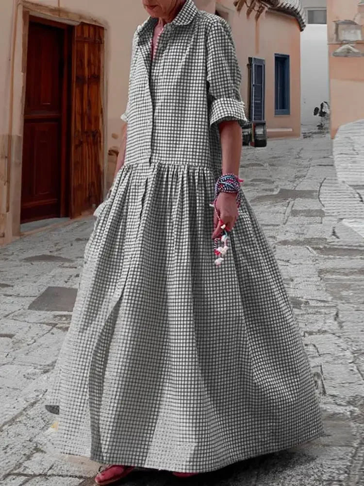 Maxi Dress – Plaid Pleated Lapel Shirt Dress – Polyester | KIMLUD