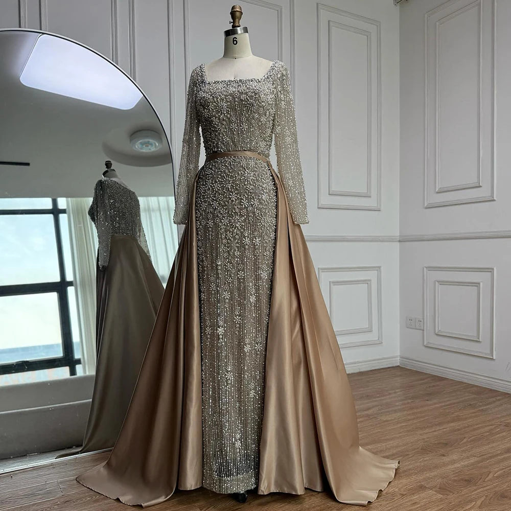 Mermaid Beaded Evening Gown With Overskirt And Built-In Bra In Luxe Beadwork — Caramel | KIMLUD