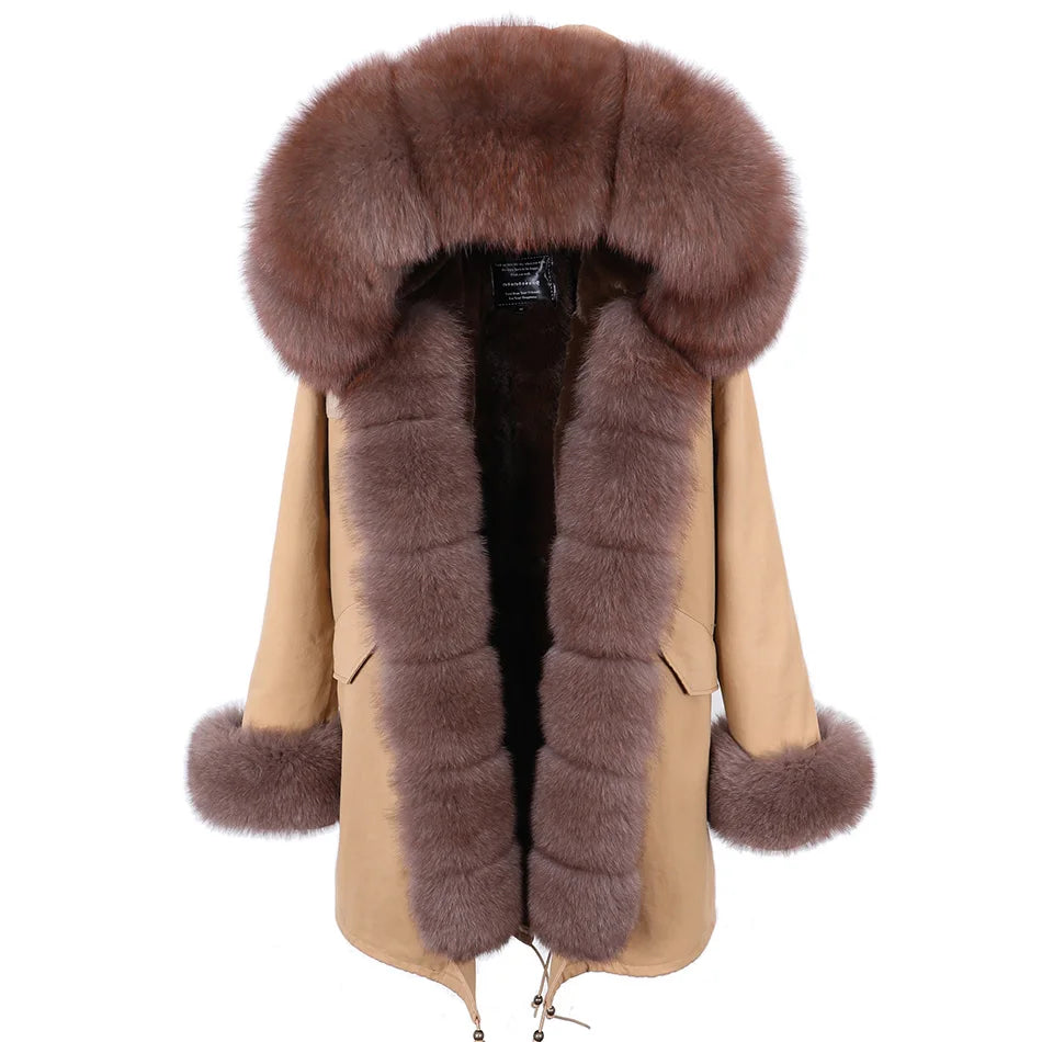 MAOMAOKONG 2024 Winter Women Coat Natural Fox Fur Collar Cuff Black Jackets Outwear Thick Luxury Real Fur Parka Women's Fur Coat