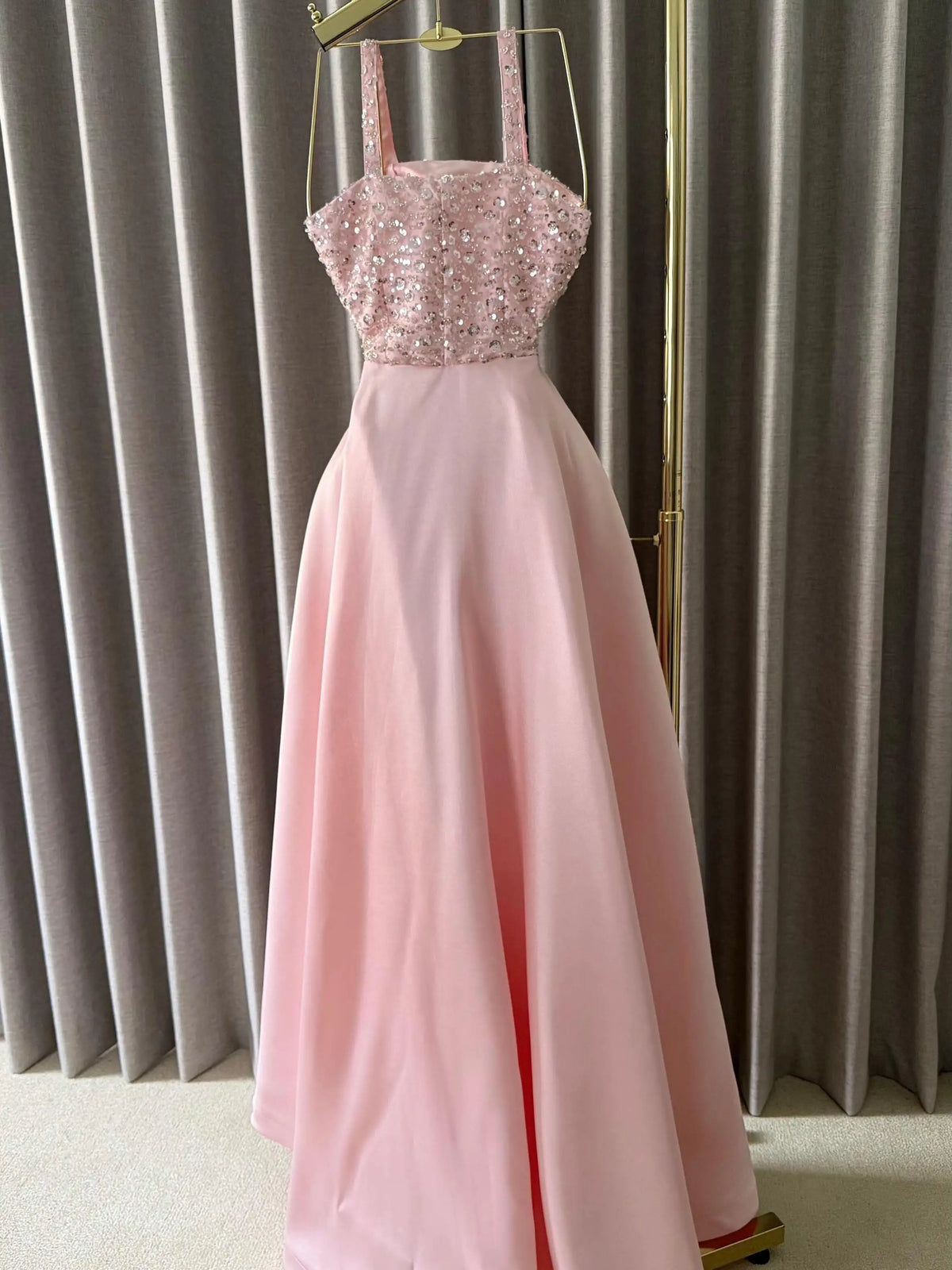 Evening Dress - Spaghetti Strap Beaded Sequins - Pink Satin Train | KIMLUD