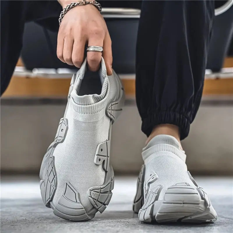 Breathable Air Mesh Sneakers Casual Slip-On With Tonal Gray Overlays — Black | KIMLUD