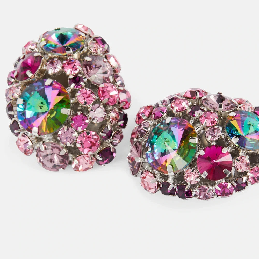 Crystal Clip Earrings Round — Multi-Colored | KIMLUD