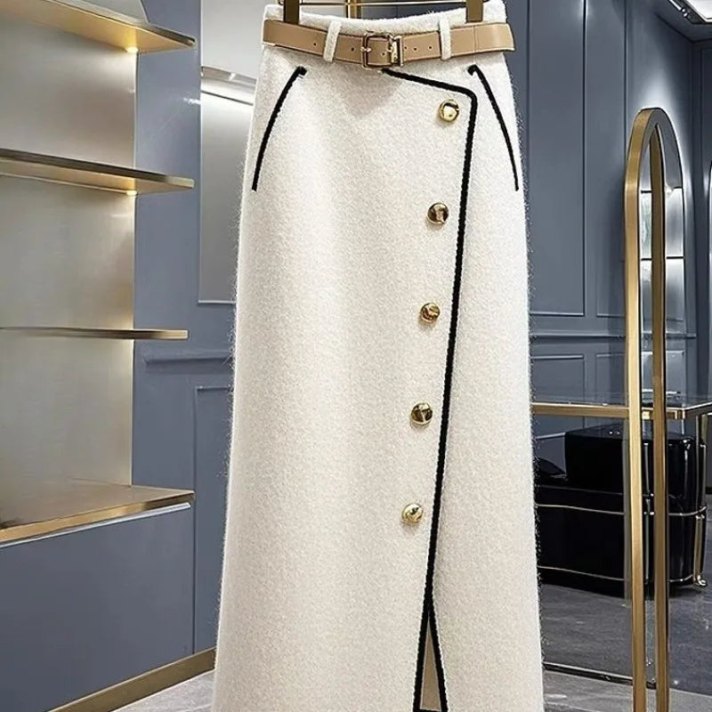 Matakawa Spring Autumn Women Skirts Contrast Color Korean Fashion Chic Faldas Mujer A-line Elegant Simple Sweet Long Skirt