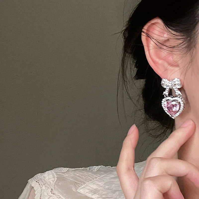 Exquisite Pink Heart Shape Bowknot Stud Earrings For Women Shining CZ Zircon Love Earring Girl Wedding Party Temperament Jewelry