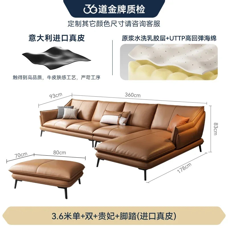 European Designer Leather Sofa Set Double Living Room Sofas With Foot Stool — Charcoal | KIMLUD