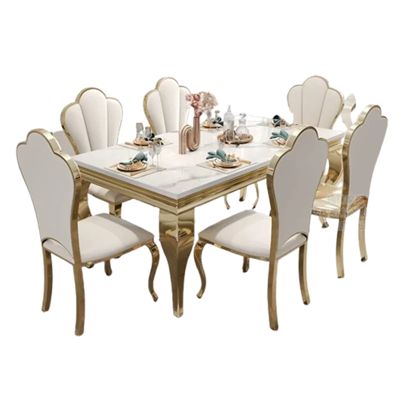 Marble Dining Table With Gold Accents And Rectangular Design — White | KIMLUD