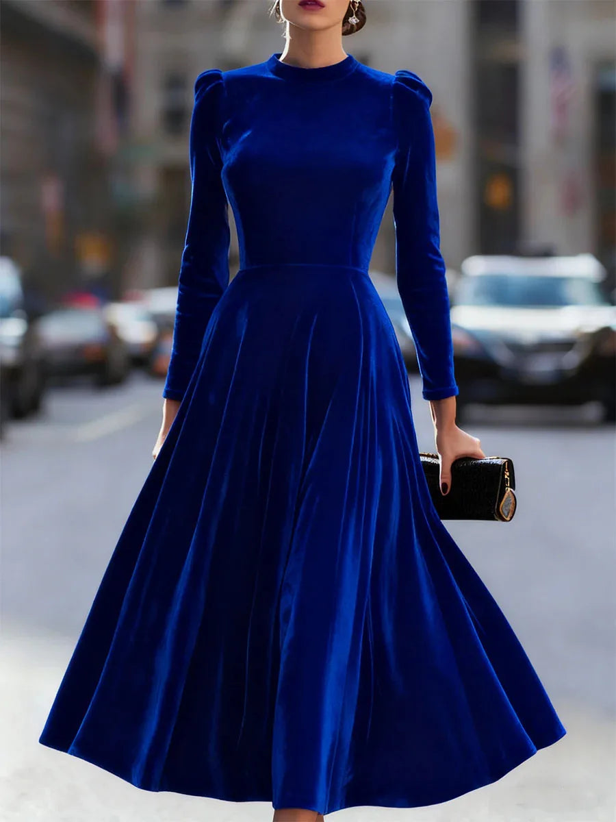 Velvet Dress Long Sleeve Round-Neck Midi — Navy | KIMLUD