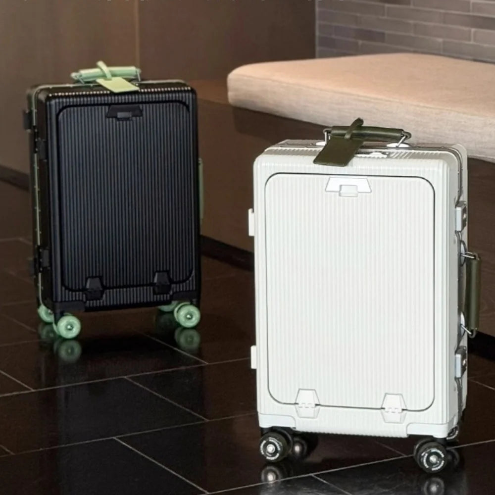 Aluminum Front-Opening Carry-On Luggage — Deep Navy With Mint Accents | KIMLUD