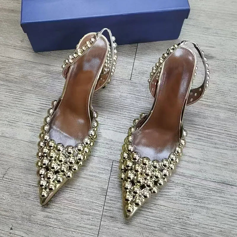 Rivet Studded Sandals With Crystal Bead — Red | KIMLUD
