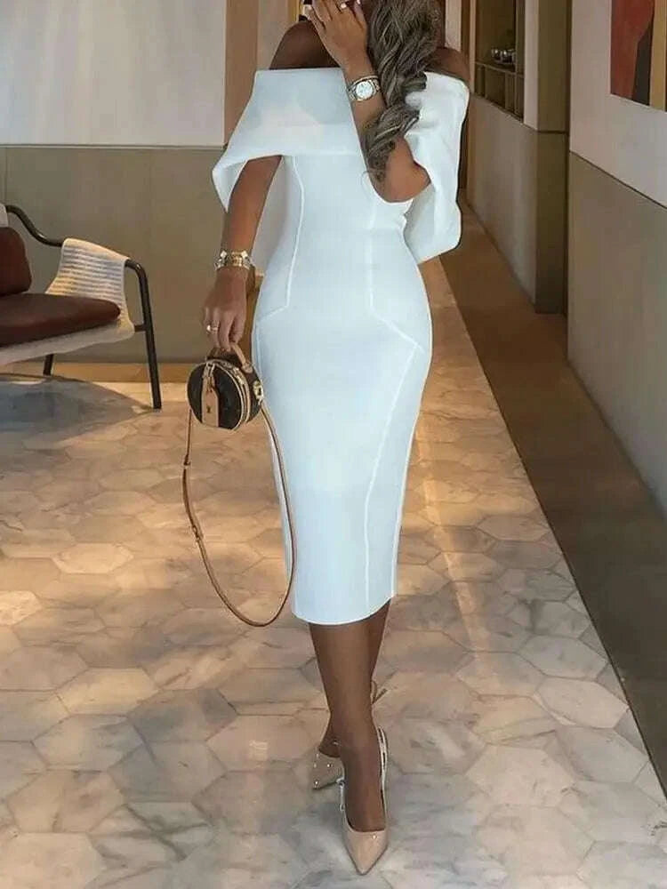 KIMLUD, Elegant White Dress Women Summer Off Shoulder Cape Design Splicing Skinny Dress Party Vestidos Woman Evening Party Dresses White, KIMLUD Womens Clothes