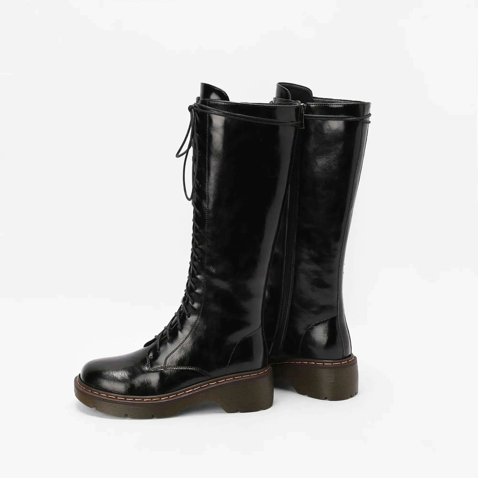 KIMLUD, Krazing Pot Vintage Cow Split Leather Wool Snow Boots Winter Keep Warm Round Toe Cross-tied Med Heels Platform Thigh High Boots, KIMLUD Womens Clothes