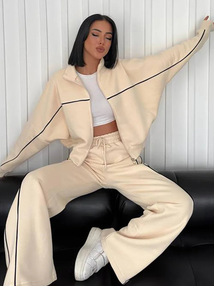 Cotton-Polyester Knit Cardigan Set With Tailored Wide-Leg Trousers — Cream | KIMLUD