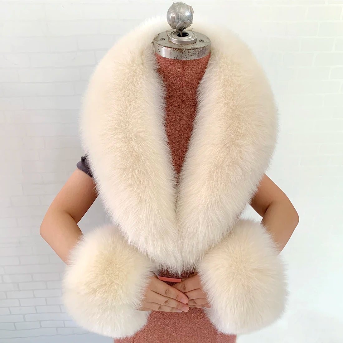 Fox Fur Solid Scarf And Cuff Set For Winter — Green | KIMLUD