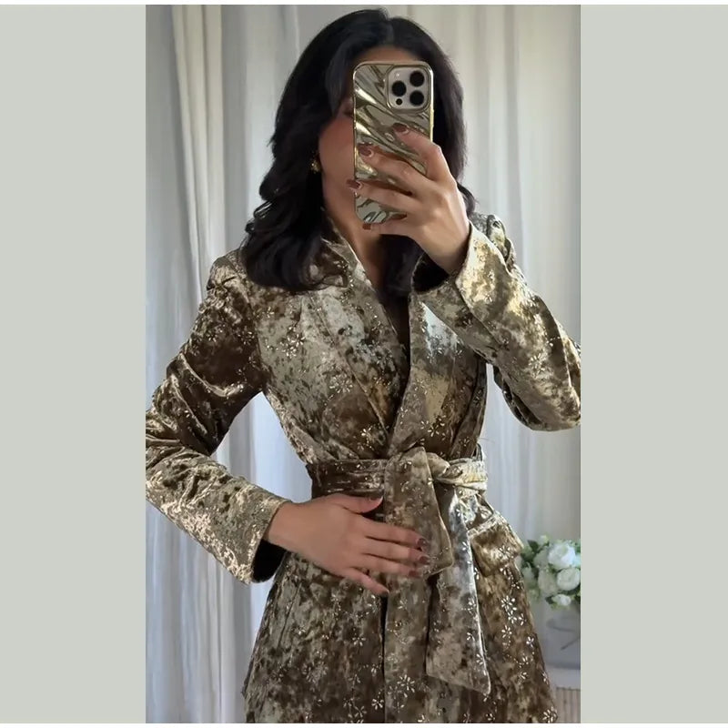 Fashion Velvet Print Lapel Belt Suit Pant Set Women Solid Lace Up Full Sleeve Blazer Wide Leg Cuffed Pants 2025 Autumn Lady Sets