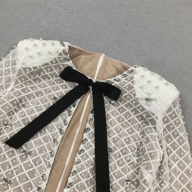 Pearl-Dusted Sheath Dress With Black Satin Bow Neck — White | KIMLUD