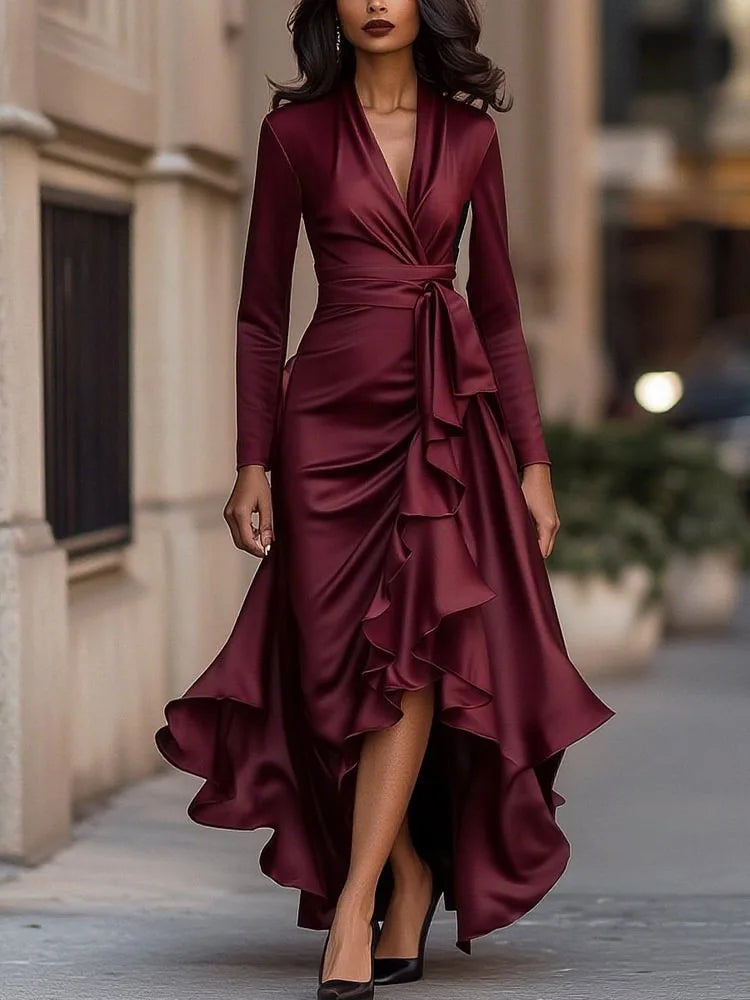 Women's Deep V-neck Ruffled Evening Gowns Solid Color Long Sleeves Lace-up High Waist Satin Party Dresses Wedding Guests Dress