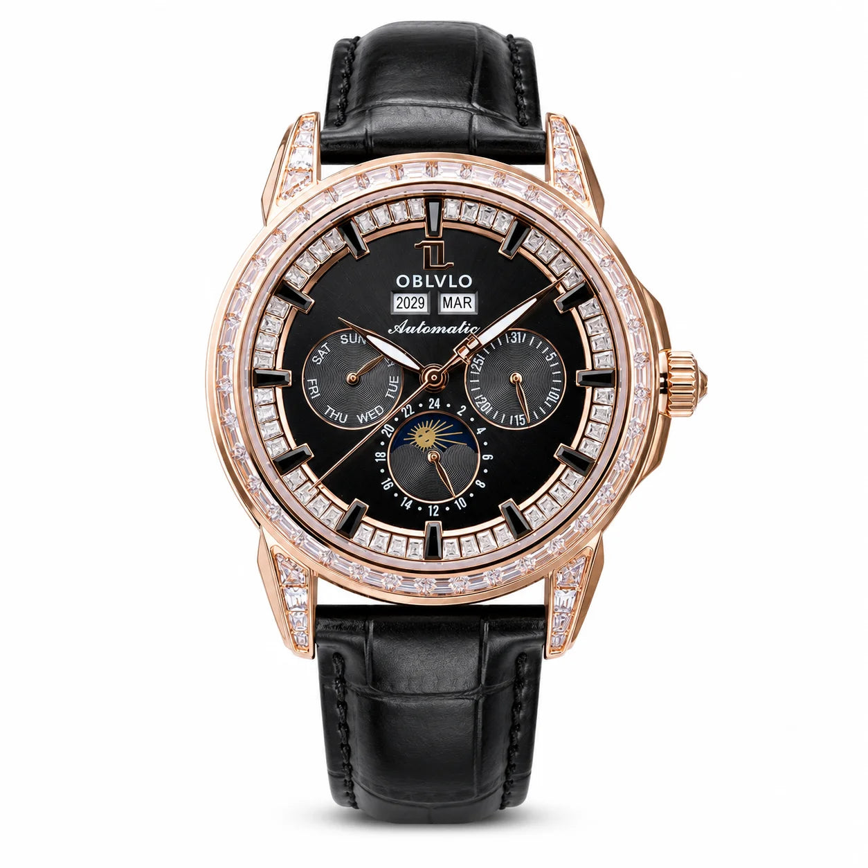OBLVLO Men's Classic Watch with Colorful Diamonds Bezel Red Dial Mechanical Automatic Moonphase Multifunction Leather Strap GCM-MUT