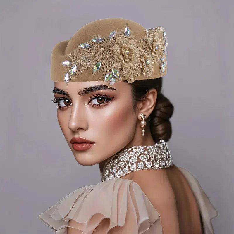 Beret Hat – Flower Embellishment – Polyester – Red and White | KIMLUD