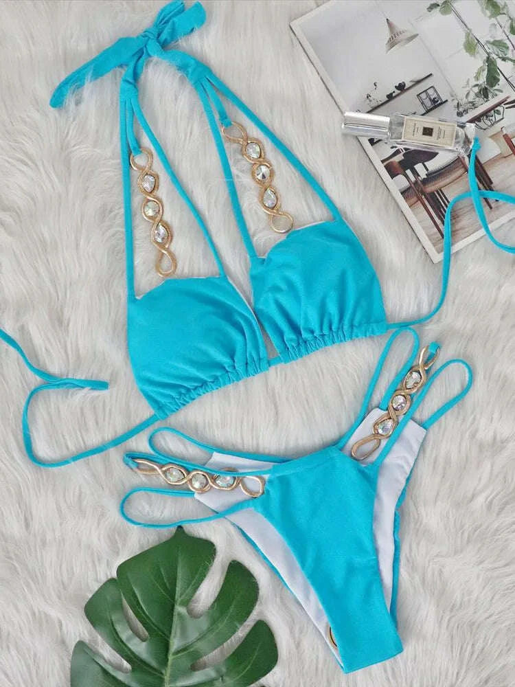 KIMLUD, Sexy Halter Jewelled Diamond Bikini Women Swimsuit Female Swimwear Two-pieces Bikini set High Cut Bather Bathing Suit Swim Lady, KIMLUD Womens Clothes
