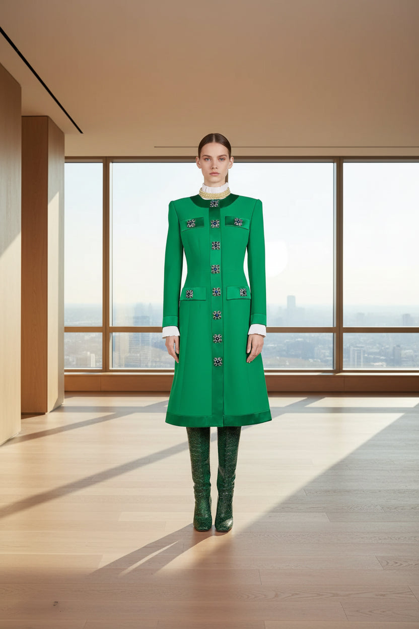 Princess Dress Diamond-Embellished Long Sleeve Silhouette — Emerald Green | KIMLUD