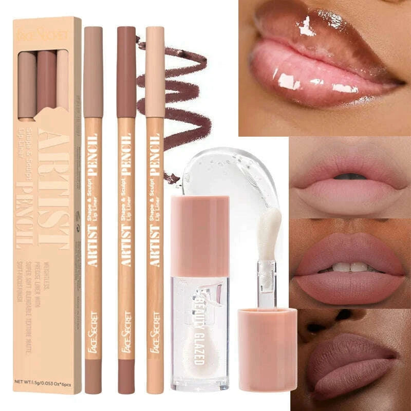 face-secret-4pcssetmoisturizing-fresh-lightweight-plumping-lip-gloss-with-brown-lipliner-set-non-sticky-liquid-lipstick-makeup-kimlud-kimlud-33919090