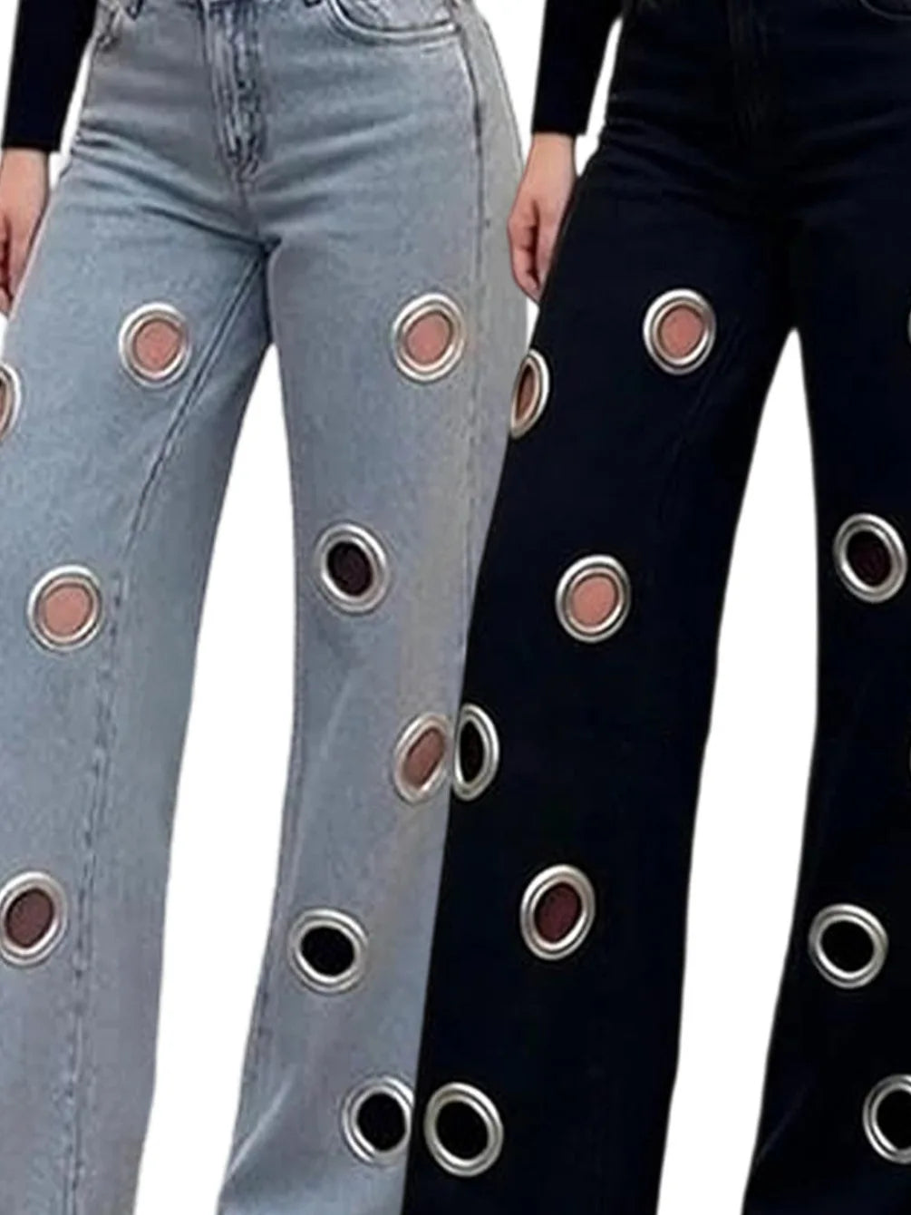 Pants High Waist Hollow Out Pants & Leggings Denim Straight Leg — Blue | KIMLUD