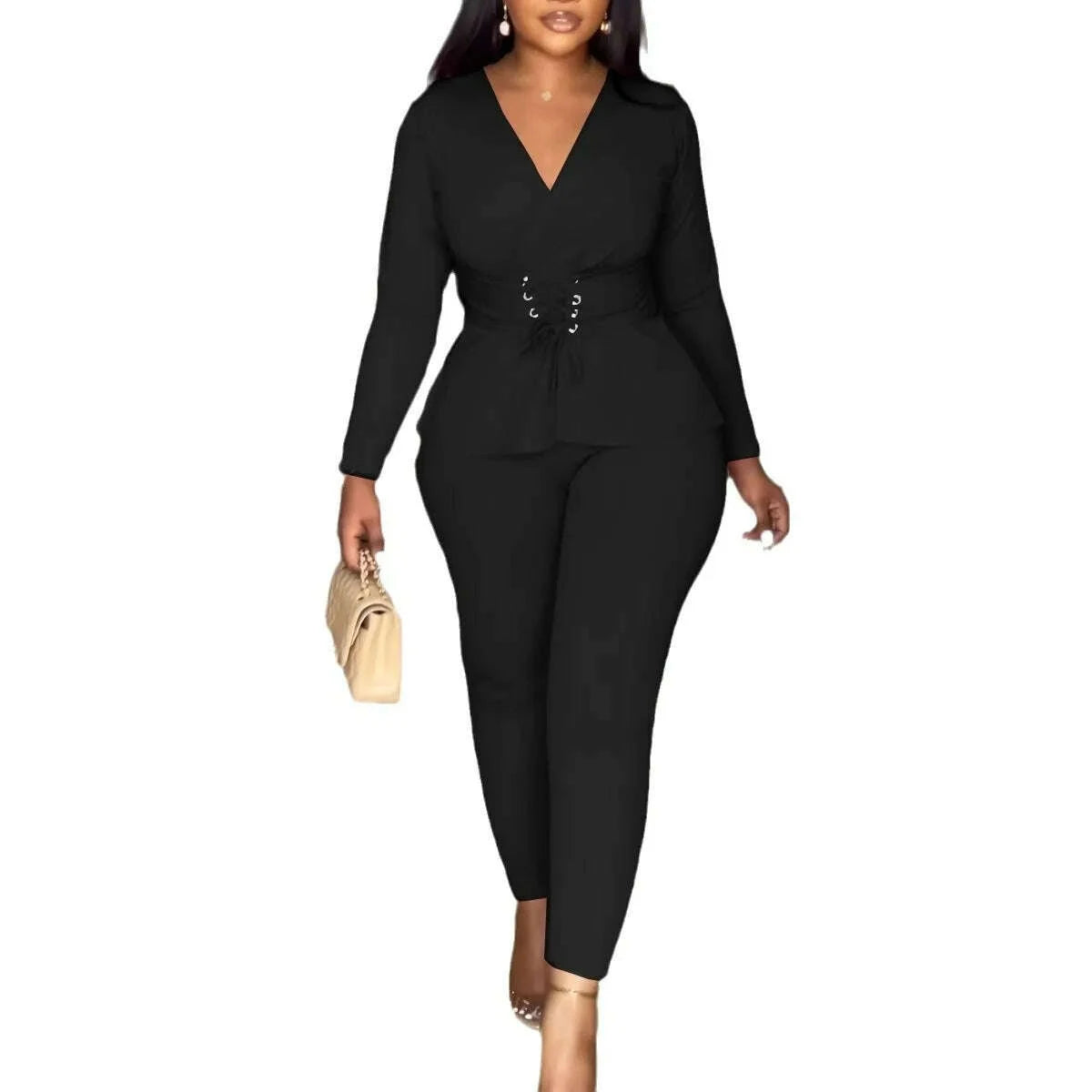 KIMLUD, Pant Set Women Two Piece Sets V Neck Elegnt Work Solid Casual Slim Fit High Waist Tops Matching Sets Long Pants Slim Fit 2025, KIMLUD Womens Clothes