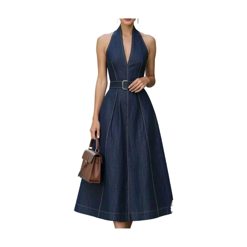 Halter Neck Midi Dress – Stitching Seam Detail – A-Line | KIMLUD