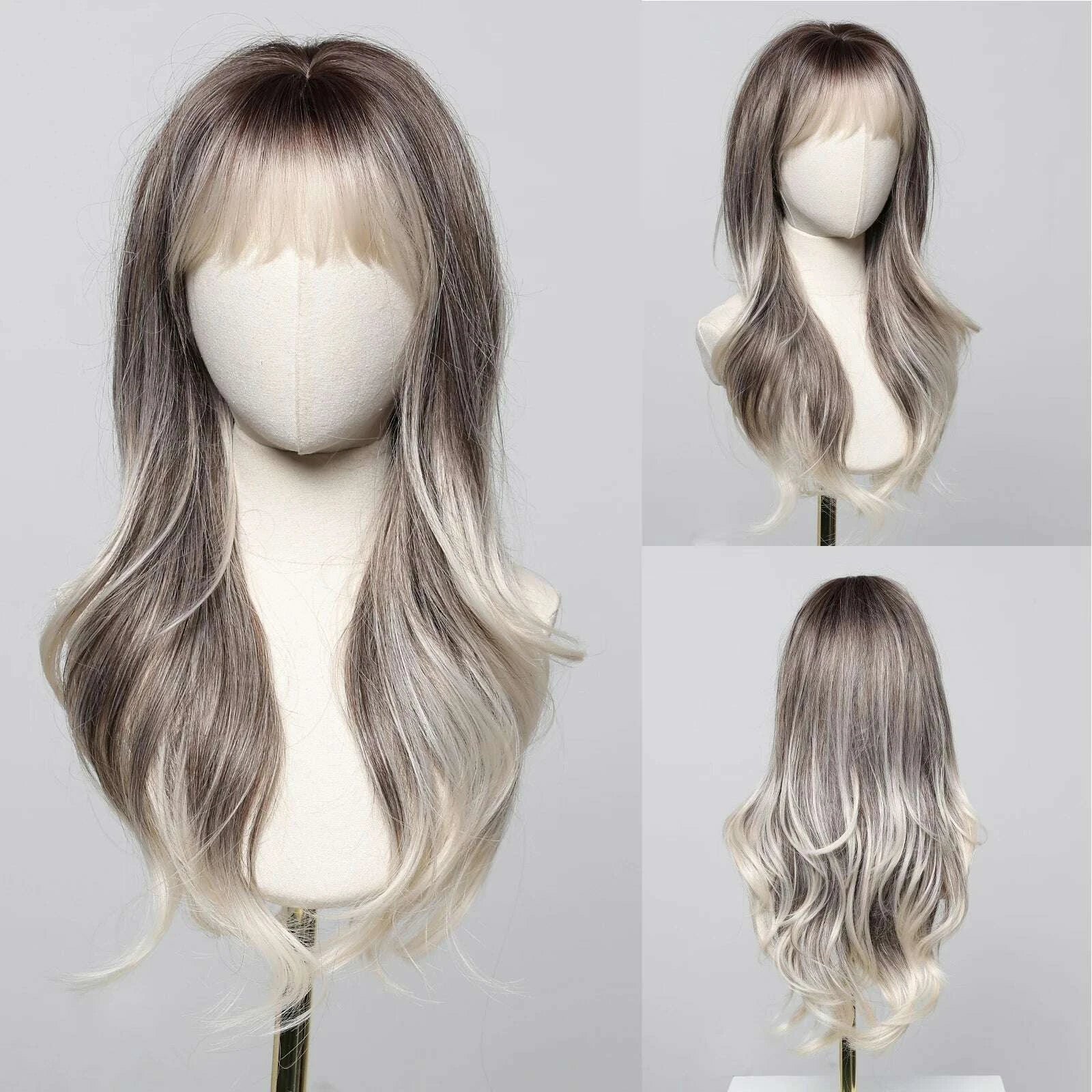 KIMLUD, Golden Blonde Mixed Synthetic Wig Dark Root Wavy Hair With Side Bangs for Women Daily Party Cosplay wig Heat Resistant Fiber, KIMLUD Womens Clothes